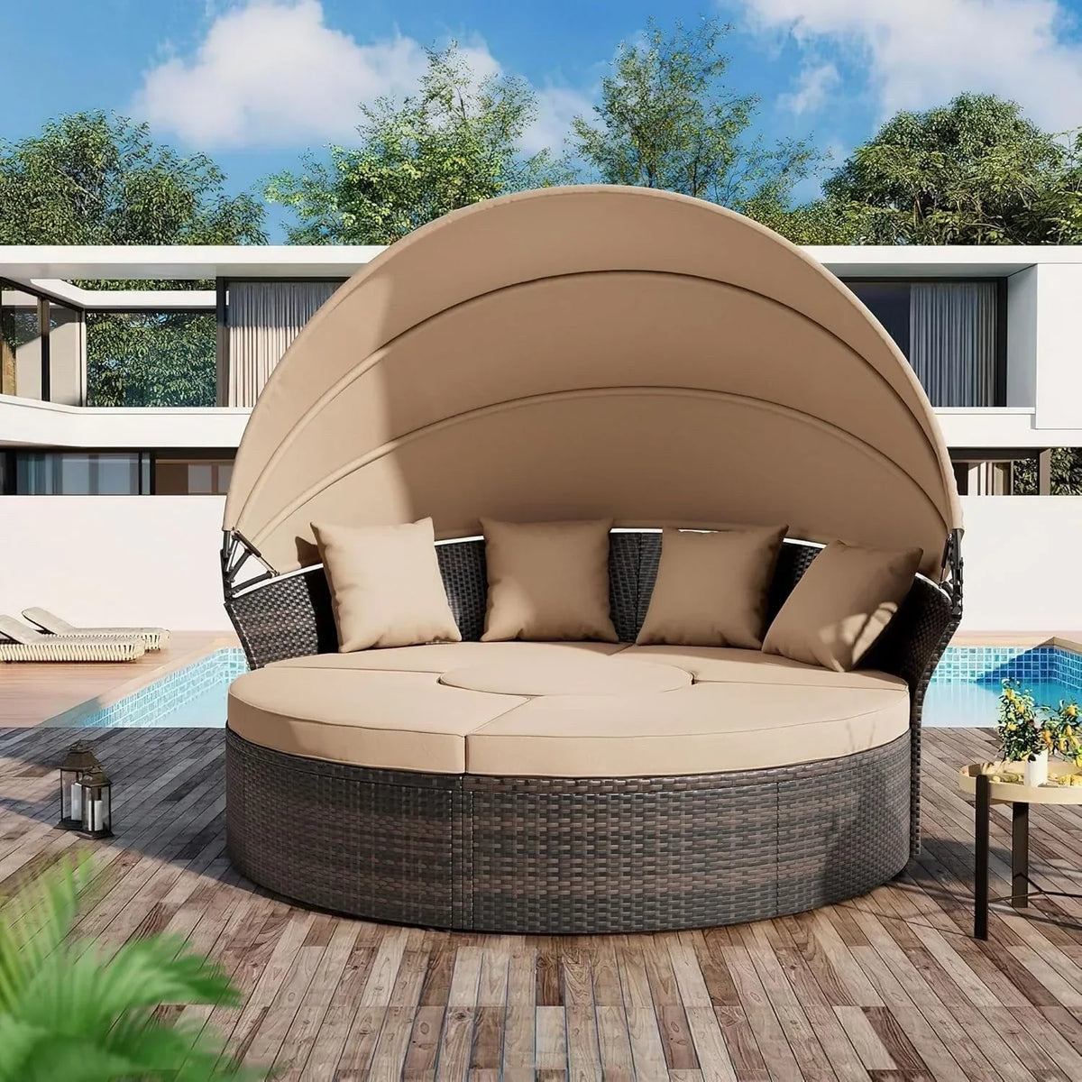 Nuon 4-teilige/5-teilige Outdoor-Garten-Sitzgruppe, Rattan-Tagesbett-Set mit Überdachung von Havenside Home