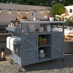 Outdoor-Kücheninsel, rollbarer Barwagen und Aufbewahrungsschrank, Massivholz-Grilltisch mit Edelstahlplatte, Gewürzregal, Handtuchhalter