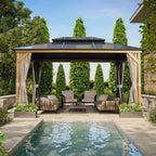 EROMMY Hardtop-Pavillon, Outdoor-Pergola mit Doppeldach & Netzen & Vorhängen, Hochleistungs-Canopy für Terrasse, Garten, Poolparty