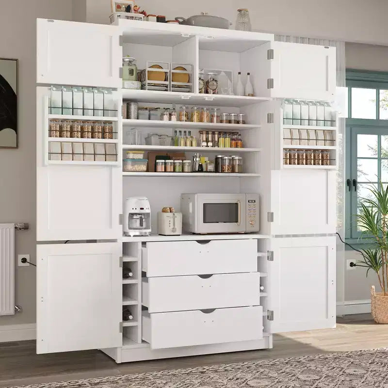Hoher Küchenschrank mit Steckdosen, großer freistehender Schrank mit Mikrowellenständer, Schubladen, Regalen, Weinregalen und Türregal