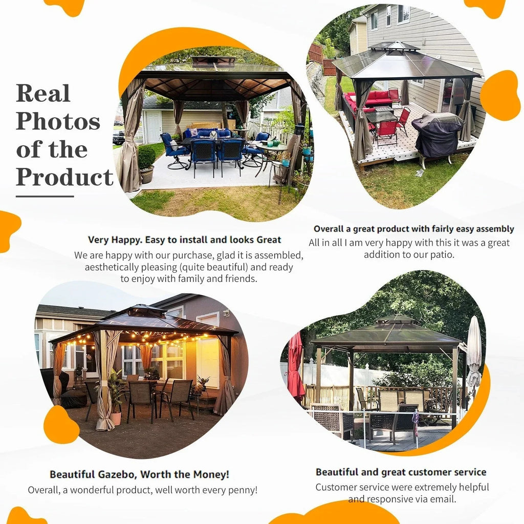 EROMMY Hardtop-Pavillon, Outdoor-Pergola mit Doppeldach & Netzen & Vorhängen, Hochleistungs-Canopy für Terrasse, Garten, Poolparty