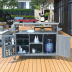 Outdoor-Kücheninsel, rollbarer Barwagen und Aufbewahrungsschrank, Massivholz-Grilltisch mit Edelstahlplatte, Gewürzregal, Handtuchhalter