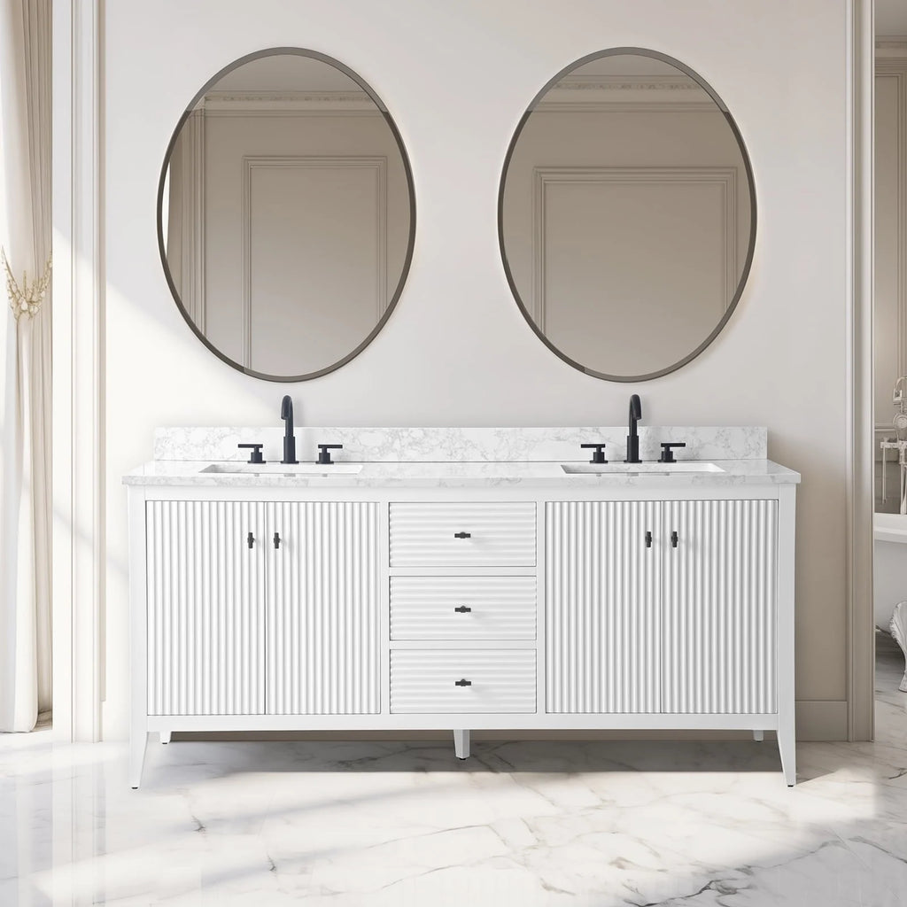 Vanity Art 72 Zoll Badezimmer-Waschtischunterschrank mit Doppelwaschbecken und Kunstmarmorplatte