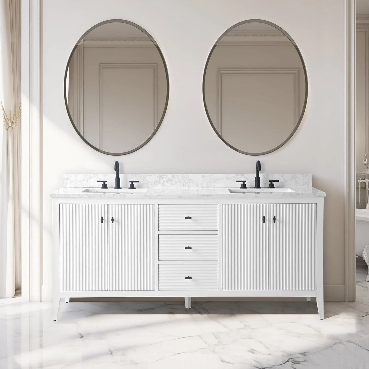 Vanity Art 72 Zoll Badezimmer-Waschtischunterschrank mit Doppelwaschbecken und Kunstmarmorplatte