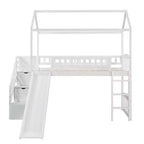 Doppelhaus-Hochbett mit Rutsche und Treppe, Hochbett mit Aufbewahrungsschubladen, Holzhaus-Hochbett für Kinder und Kleinkinder