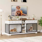 82" Doppel-Hundebox Möbel, großer Hundezwinger für 2 Hunde, robuster TV-Ständer aus Holz mit 4 Schubladen und Regalen