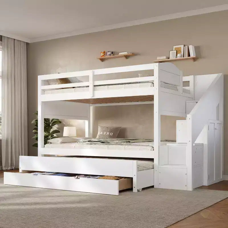 Whisen Twin XL Etagenbett mit Ausziehbett, Etagenbett mit Stauraum, Etagenbett aus Massivholz, Treppe mit Stauraum, Kleiderschrank, 3 Schubladen, für Kinder