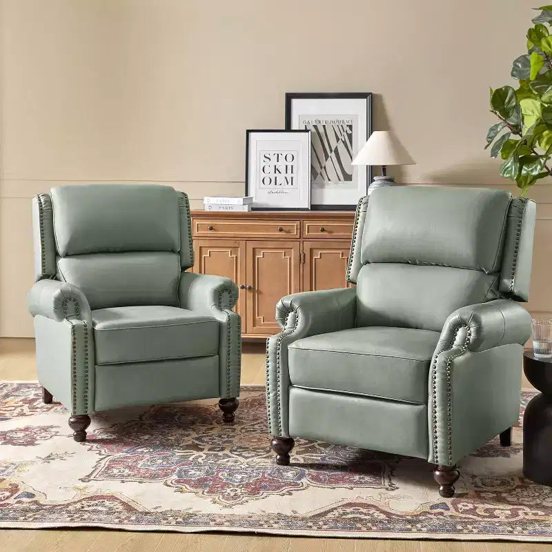 2er-Set Elisabete Modern Wingback Echtleder-Liegesessel mit Vintage-Nagelkopfleiste für Wohn- und Schlafzimmer | ART OF LIVING DESIGNS