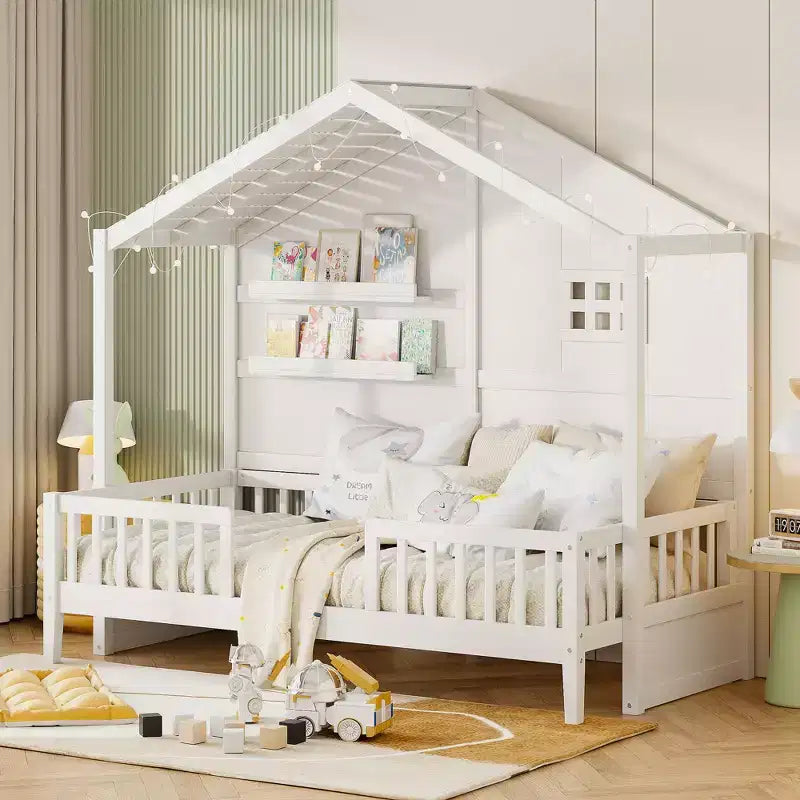Hausbett in Twin-Größe mit Ablageregalen und Rausfallschutz, Montessori-Bettrahmen aus Holz für Kinder mit Fenster und glitzerndem Lichtband
