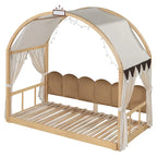 Massivholz-Spielhaus-Plattformbett, Montessori-Bettrahmen mit gewölbtem Dach und Ausziehbett für Mädchen und Jungen