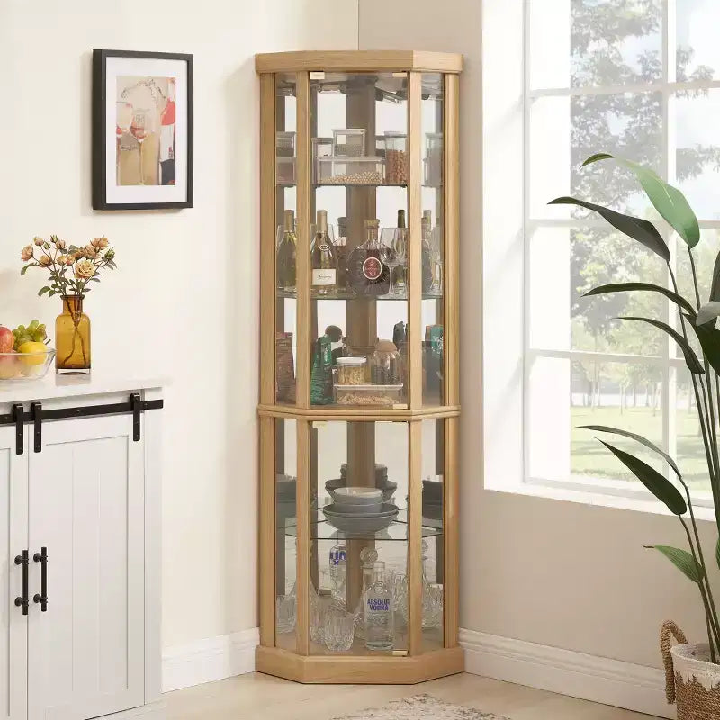 Eck-Vitrine mit Glastüren und Regalen, Eck-Schaukasten für das Wohnzimmer