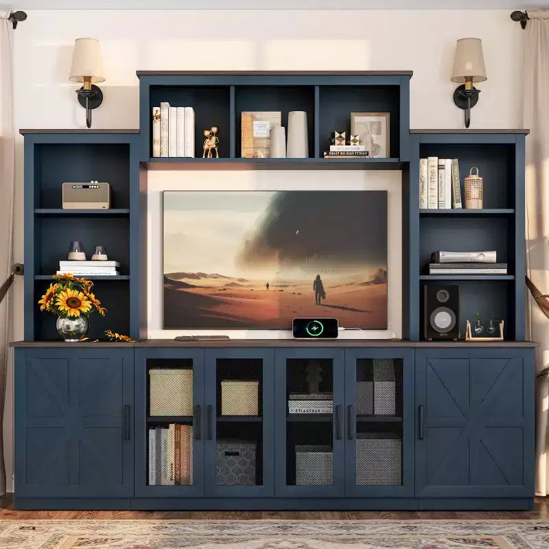 Moderner TV-Ständer für 55-Zoll-Fernseher mit Ladestation, Medienkonsole mit großen Aufbewahrungsschränken, Entertainment-Center für das Wohnzimmer-Panipeachy