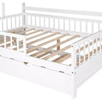 Acekool Hausbett in voller Größe mit ausziehbarem Doppelbett, Schubladen und Regalen, Dach und Zaun, Kinderplattformbett, Weiß