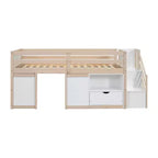 Okak Massivholz-Hochbett mit Treppe & Stauraum, Niedriges Etagenbett mit Schubladen & Regalen, Multifunktionales Hochbett für Kinder, Jugendliche