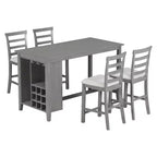 Landhaus Esstischgruppe, 5-teilig, Tresenhöhe, mit 4 Stühlen, rechteckiger Holztisch mit Ablagefächern und Barfach/Weinregal