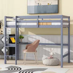 Okak Minimalism Hochbett mit Leiter, Hochbett aus Kautschukholz mit Sicherheitsgeländer und integriertem Schreibtisch, Bettrahmen für Kinder, Jugendliche