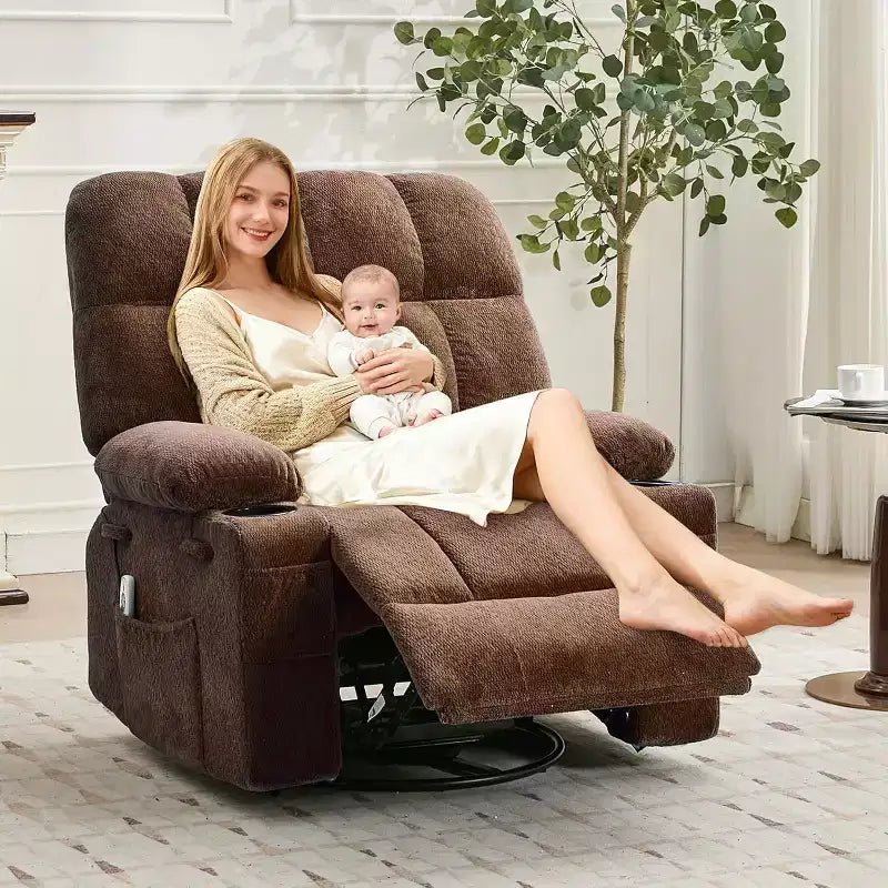 Übergroßer Relaxsessel für Erwachsene, Manueller Dreh-Schaukelsofa, Seitentaschen & Getränkehalter für Große und Schwergewichtige, Wohnzimmer