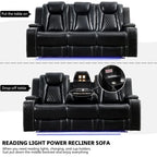 Elektrisches Relaxsofa mit kabellosem Ladegerät, Leselampe für das Wohnzimmer, Kunstleder-LED-Beleuchtung, AC/USB-Anschluss, Getränkehalter, Schwarz