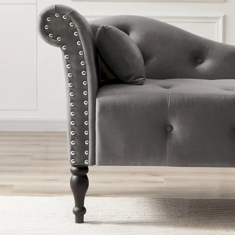 Moderne 60.6 Samt gepolsterte Knöpfe getuftete Chaiselongue mit Massivholzbeinen und Ziernägeln