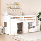 Okak Massivholz-Hochbett mit Treppe & Stauraum, Niedriges Etagenbett mit Schubladen & Regalen, Multifunktionales Hochbett für Kinder, Jugendliche