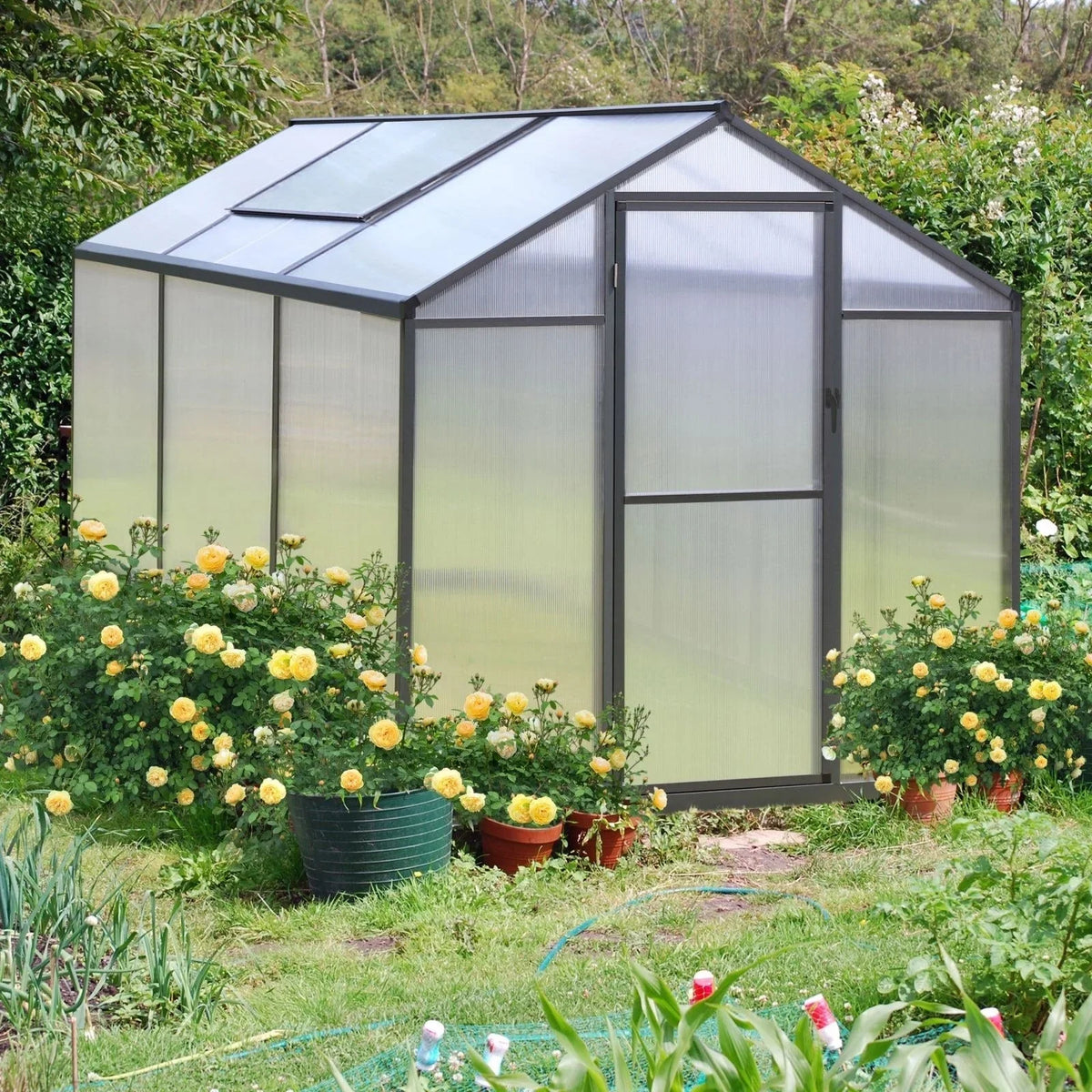 VEIKOUS Aluminium-Gewächshaus-Bausatz mit begehbarem Garten, verstellbarer Dachluke und abschließbarer Tür, Grau