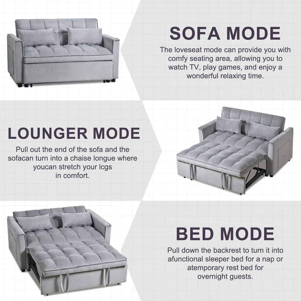 Modernes Schlafsofa zum Ausziehen, 3-in-1 Schlafsofa mit verstellbarer Rückenlehne, Samt-Zweisitzer, Kissen & Seitentaschen