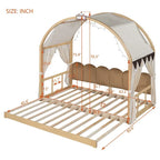 Massivholz-Spielhaus-Plattformbett, Montessori-Bettrahmen mit gewölbtem Dach und Ausziehbett für Mädchen und Jungen