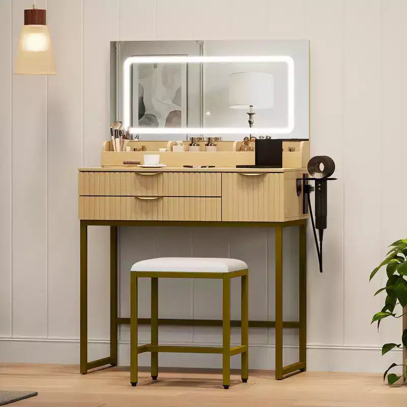 Schminktisch mit Spiegel und Beleuchtung, LED-Spiegeldesign, reichlich Schubladenstauraum für Kosmetik und Toilettenartikel