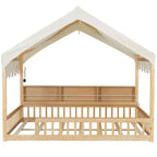 Whisen Vollholz-Bettgestell, Hausbett mit Zaun, 3 Aufbewahrungsregale, Vorhang