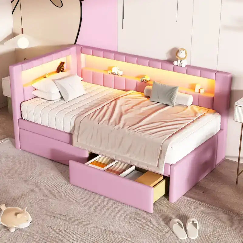 Gepolstertes Plattformbett mit USB-Anschlüssen & LED-Beleuchtung – Einzel-/Doppelbettgestell mit 2 Schubladen – Modernes Schlafzimmer