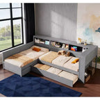 L-förmiges Plattformbett in Twin-Größe mit Rollbett und Ladestation, Holzbettgestell mit Bücherregal