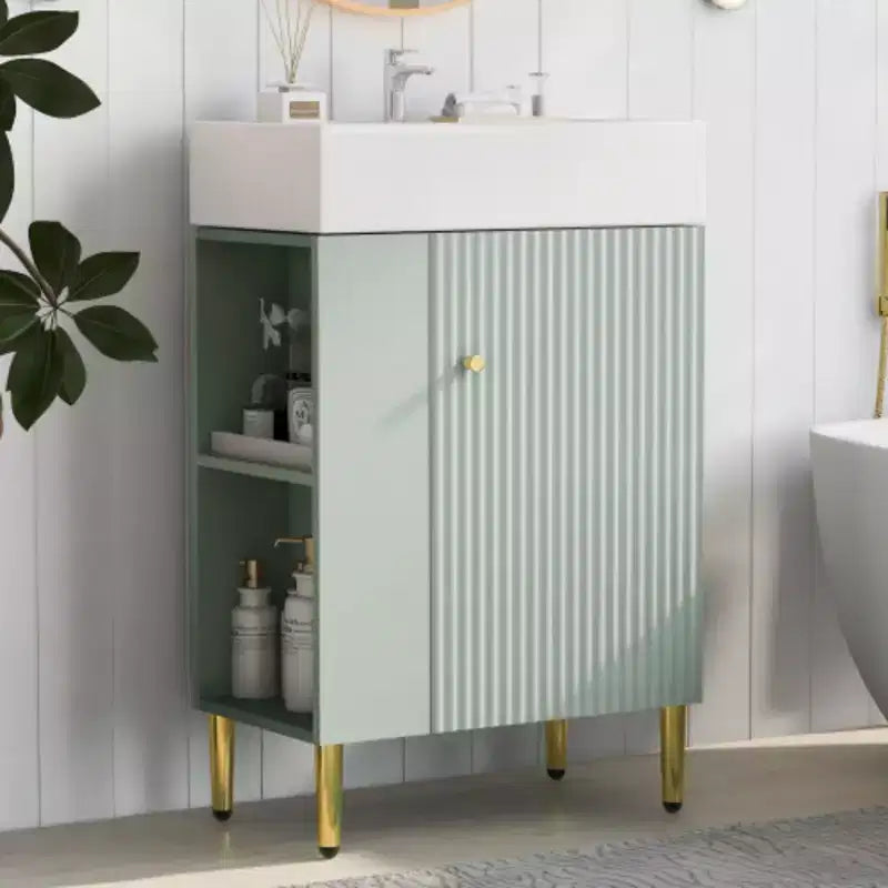 21.6 weißer Badezimmer-Waschtisch, Kombi-Schrank, Badezimmerschrank, Einzelkeramikwaschbecken, Stauraum auf der linken Seite