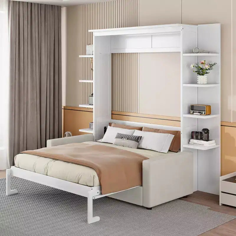 Whisen Modern Design Queen-Size Schrankbett mit Holzrahmen, Sofa und Regalen