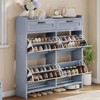 Schuhschrank mit 4 Klappfächern und 2 oberen Schubladen, Schuh-Organizer-Schrank aus Holz mit verstellbarem Regal, freistehende Schuhaufbewahrungsschränke