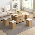 Multifunktionaler moderner Couchtisch mit Hebefunktion, verstecktem Stauraum, 4 Hockern und Rollen, perfekt für moderne Wohnbereiche