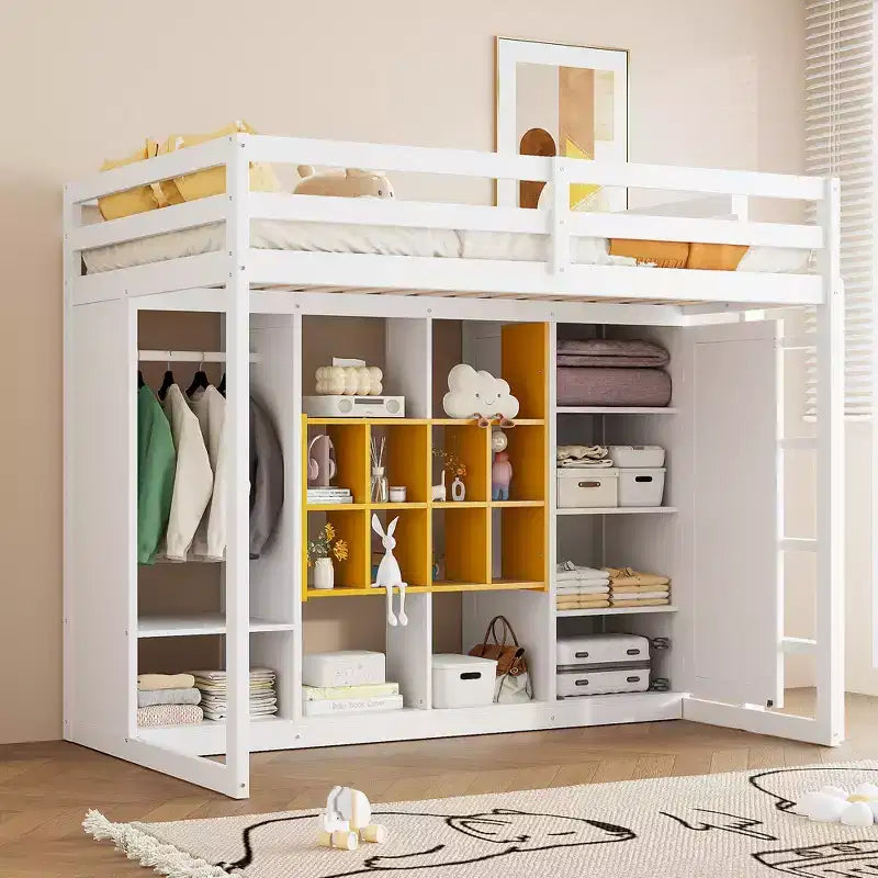 Hochbett für Kinder mit Kleiderschrank und Regalen, Holz-Hochbettgestell mit Aufbewahrungsschrank für Kinder und Jugendliche