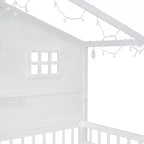 Hausbett in Twin-Größe mit Ablageregalen und Rausfallschutz, Montessori-Bettrahmen aus Holz für Kinder mit Fenster und glitzerndem Lichtband