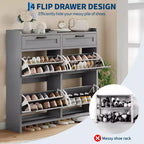 Schuhschrank mit 4 Klappfächern und 2 oberen Schubladen, Schuh-Organizer-Schrank aus Holz mit verstellbarem Regal, freistehende Schuhaufbewahrungsschränke