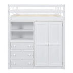 Vollholz-Hochbett mit integriertem Kleiderschrank, Schreibtisch, Ablagefächern und Schubladen