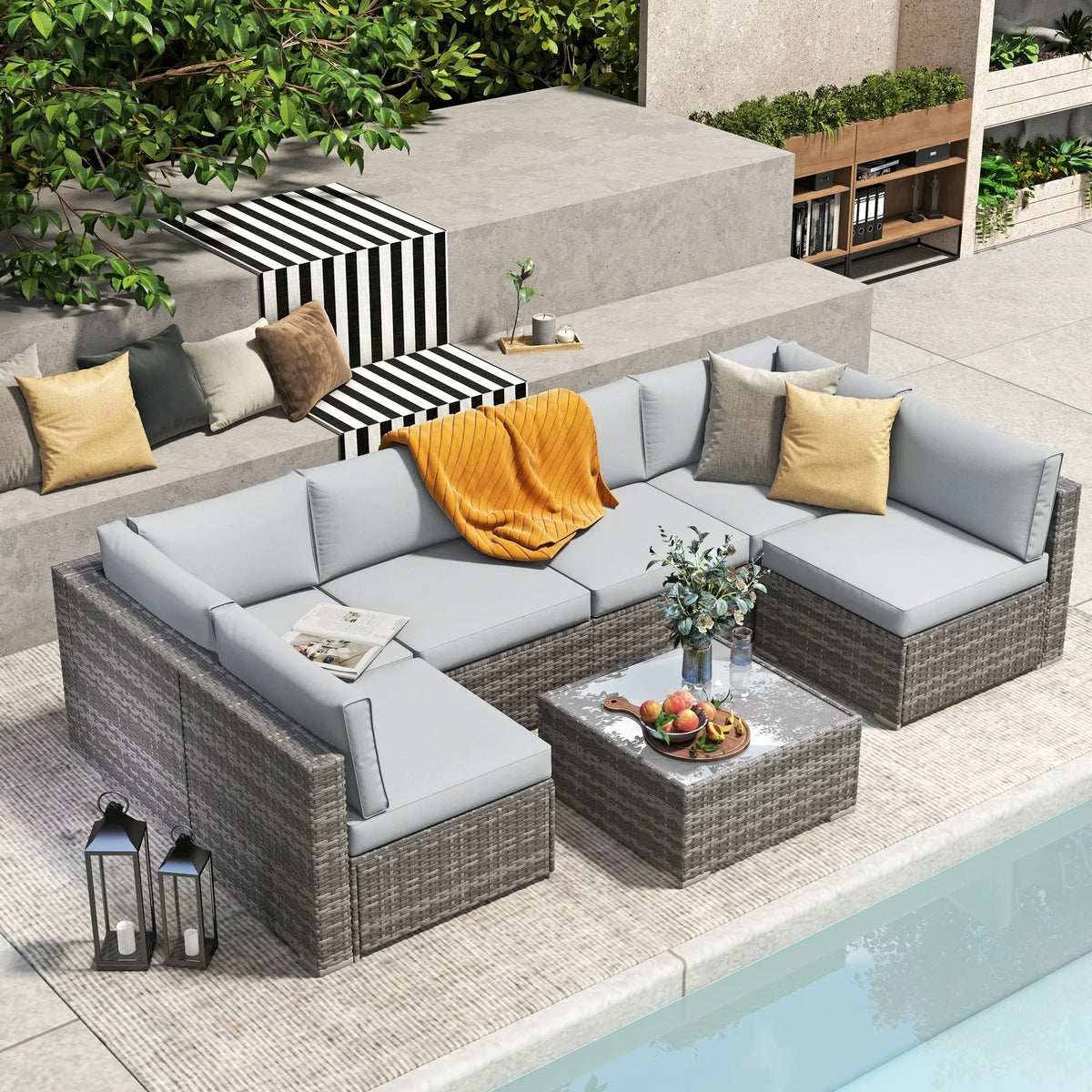 7-teiliges Outdoor-Sofa-Set aus Korbweide/Stahl mit Polstern