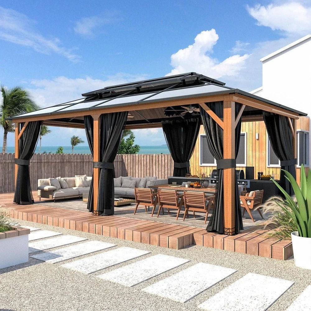 EROMMY Hardtop-Pavillon, Outdoor-Pergola mit Doppeldach & Netzen & Vorhängen, Hochleistungs-Canopy für Terrasse, Garten, Poolparty
