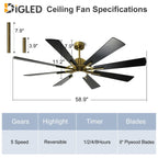 Deckenventilator mit Beleuchtung, Fernbedienung, groß, 8 Holzflügel
