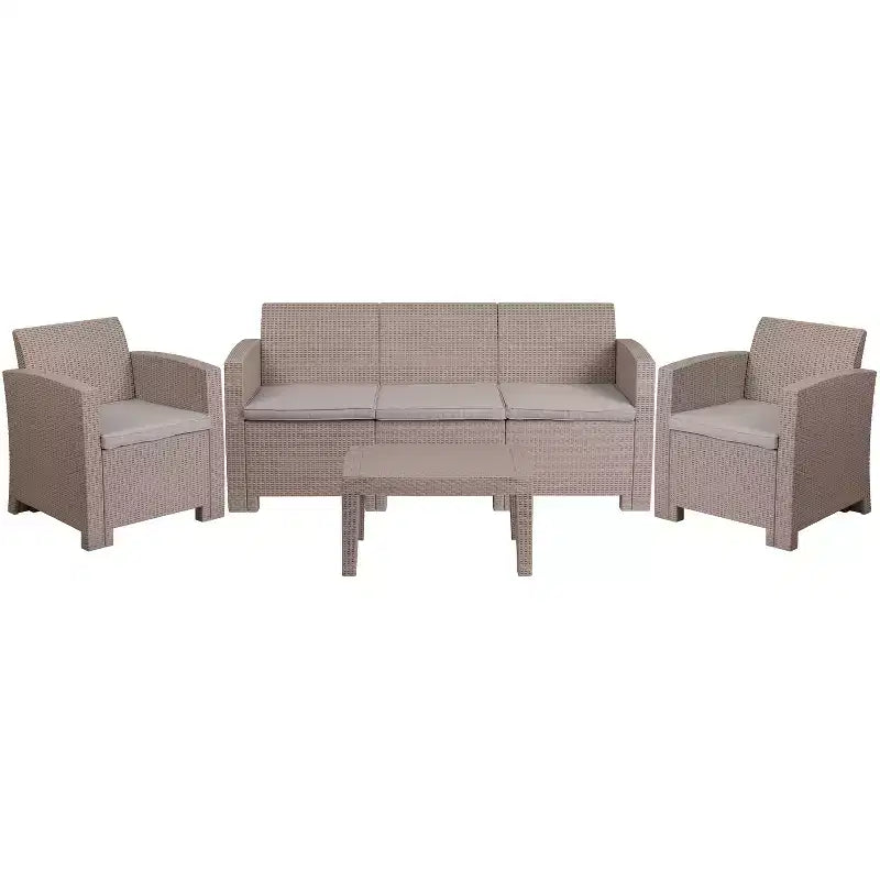 Flash Furniture 4 Piece Outdoor Faux Rattan Chair, Sofa and Table Set