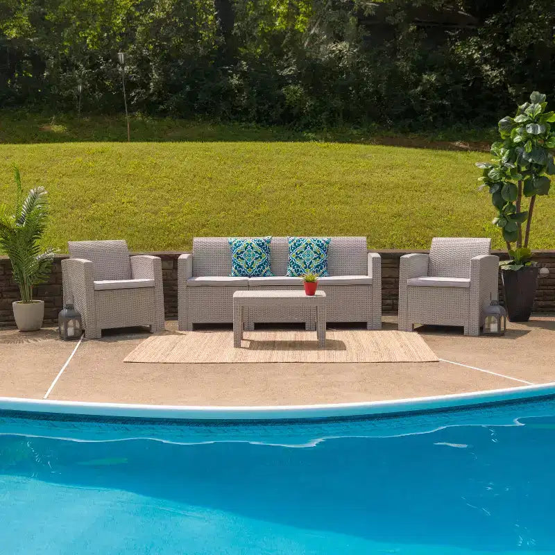Flash Furniture 4-teiliges Outdoor-Sitzgruppen-Set aus Kunst-Rattan mit Stuhl, Sofa und Tisch