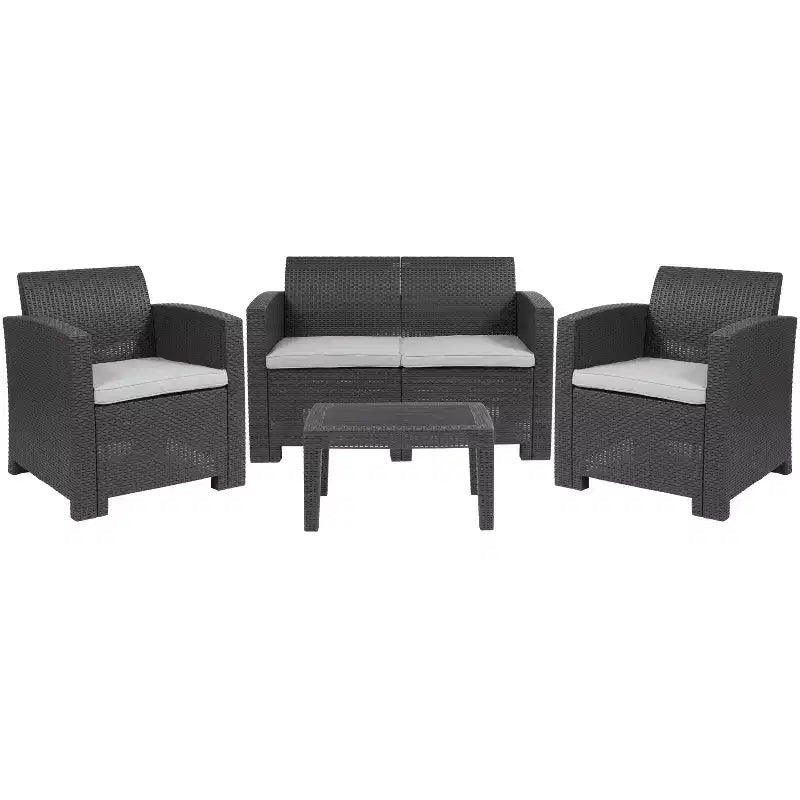 Flash Furniture 4 Piece Outdoor Faux Rattan Chair, Loveseat and Table Set