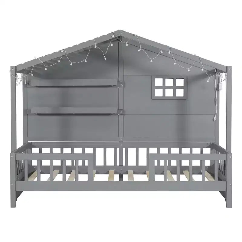 Hausbett in Twin-Größe mit Ablageregalen und Rausfallschutz, Montessori-Bettrahmen aus Holz für Kinder mit Fenster und glitzerndem Lichtband