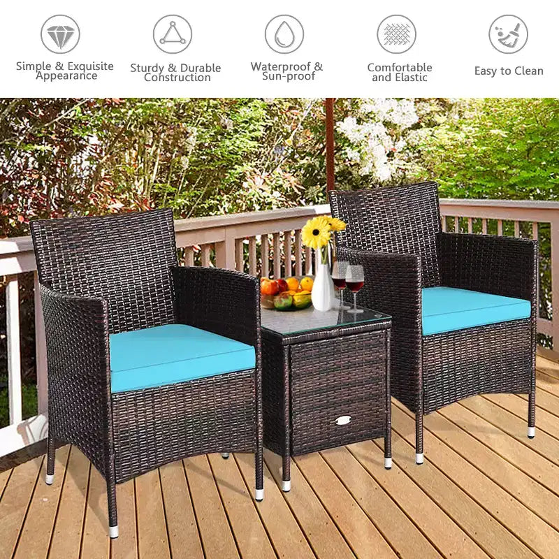 Costway Outdoor 3-teiliges PE Rattan Lounge Set mit Stühlen und Couchtisch für den Garten