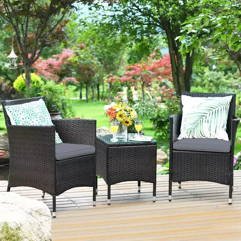 Costway Outdoor 3-teiliges PE Rattan Lounge Set mit Stühlen und Couchtisch für den Garten
