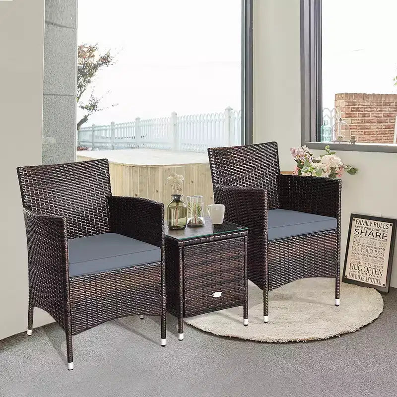 Costway Outdoor 3-teiliges PE Rattan Lounge Set mit Stühlen und Couchtisch für den Garten