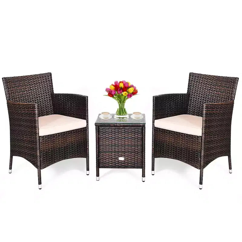 Costway Outdoor 3-teiliges PE Rattan Lounge Set mit Stühlen und Couchtisch für den Garten